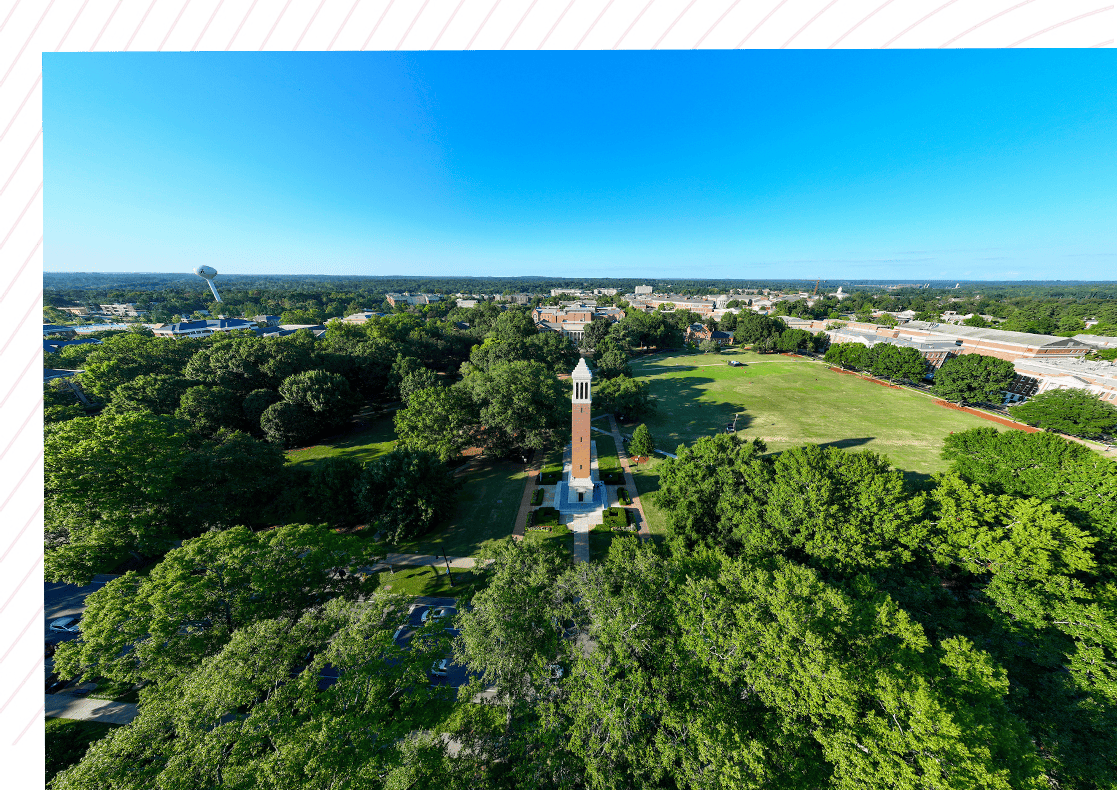 Aerial view of the quad with Denny Chimes center